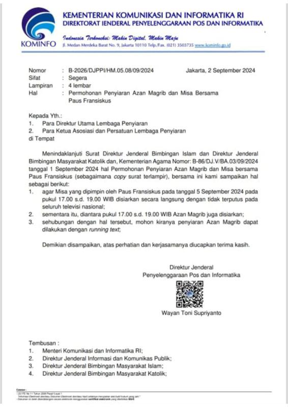 Kemenag Surati Kominfo Minta Azan Magrib di TV Diganti Tulisan Running Text saat Misa Paus Fransiskus